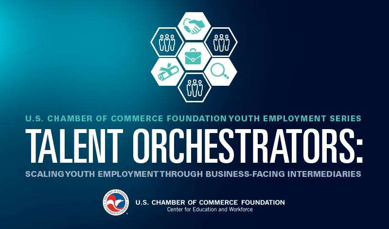 Hexagon icons showing various business activities appear above text, "U.S. Chamber of Commerce Foundation Youth Employment Series TALENT ORCHESTRATORS: SCALING YOUTH EMPLOYMENT THROUGH BUSINESS-FACING INTERMEDIARIES." The U.S. Chamber of Commerce Foundation logo and Center for Education and Workforce text are at the bottom.