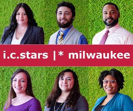 Six professionally-dressed individuals smile against a vibrant green wall. Central text reads, "i.c.stars |* milwaukee" in white on a red banner.