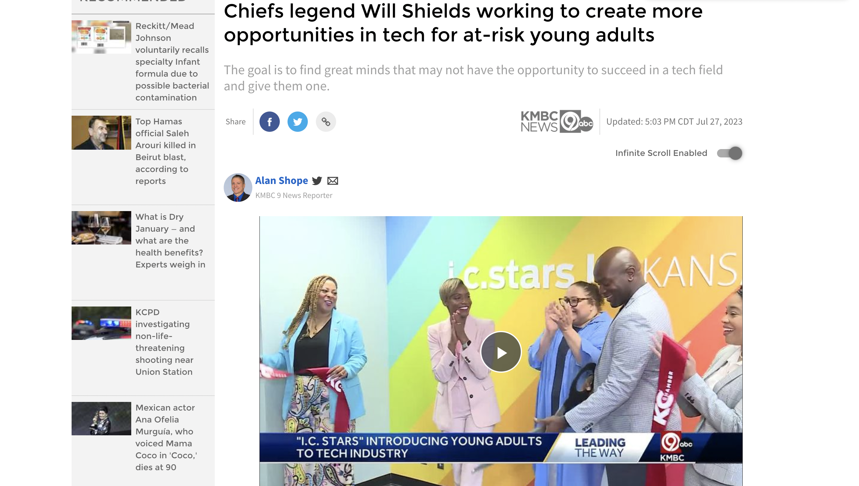 Chiefs legend Will Shields cuts a ribbon alongside smiling young adults in a brightly colored room, marked with "i.c.stars" on the wall. Text: "Chiefs legend Will Shields working to create more opportunities in tech for at-risk young adults. The goal is to find great minds that may not have the opportunity to succeed in a tech field and give them one. Alan Shope KMBC 9 News Reporter Updated: 5:03 PM CDT Jul 27, 2023. 'I.C. STARS' INTRODUCING YOUNG ADULTS TO TECH INDUSTRY. LEADING THE WAY KMBC."