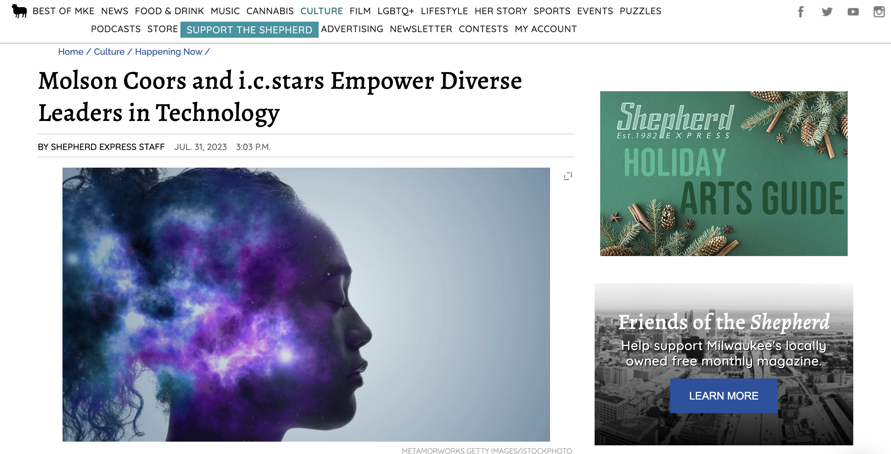Headline reads "Molson Coors and i.c.stars Empower Diverse Leaders in Technology." Below is an image of a woman's side profile with her head filled with a colorful galaxy representing creativity and technology.