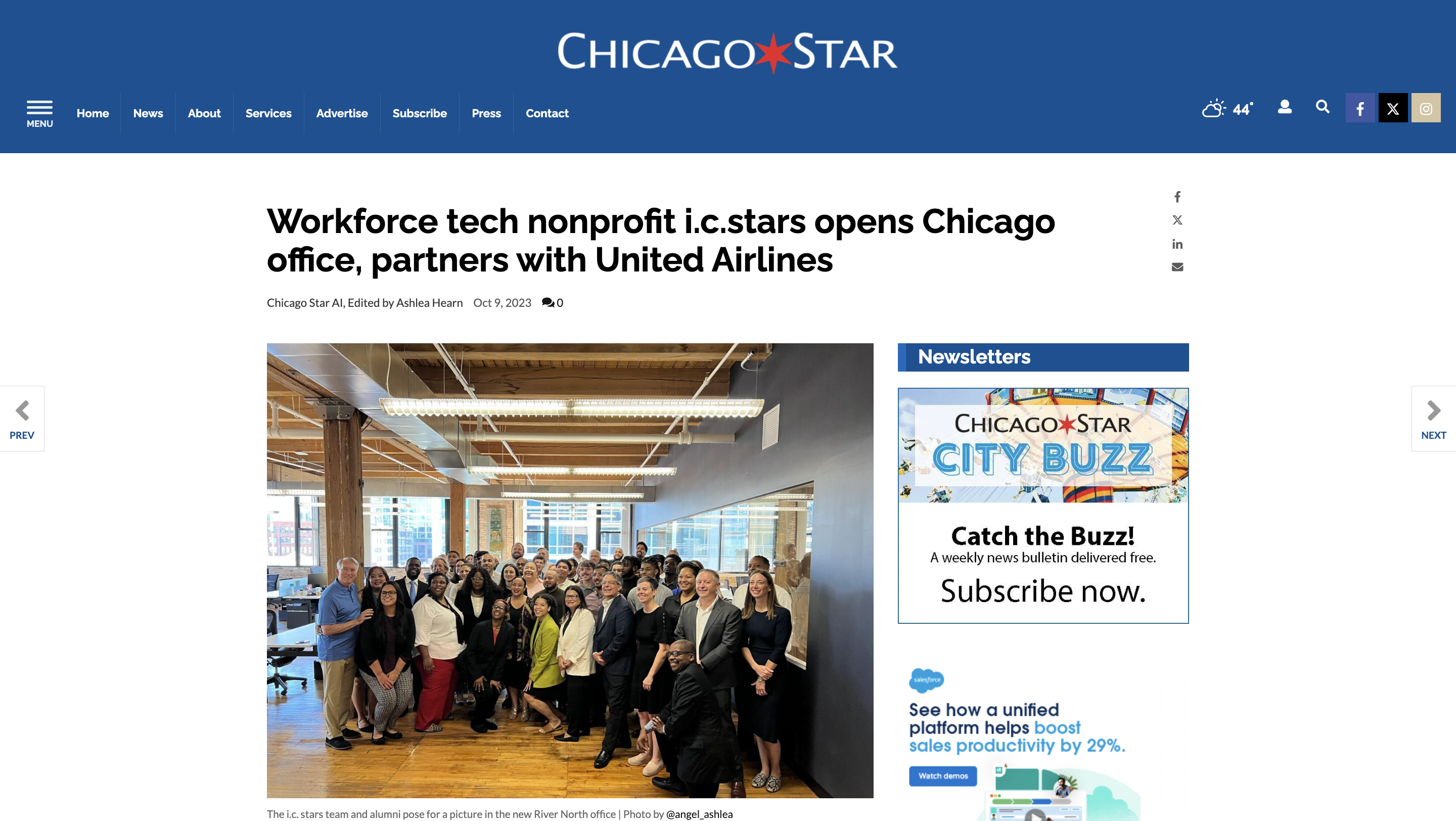 Group of people standing and posing for a photo in an open-plan office with wooden beams and large windows.
Text: "Workforce tech nonprofit i.c.stars opens Chicago office, partners with United Airlines. Chicago Star AI, Edited by Ashlea Hearn Oct 9, 2023. The i.c.stars team and alumni pose for a picture in the new River North office | Photo by @angel_ashlea."