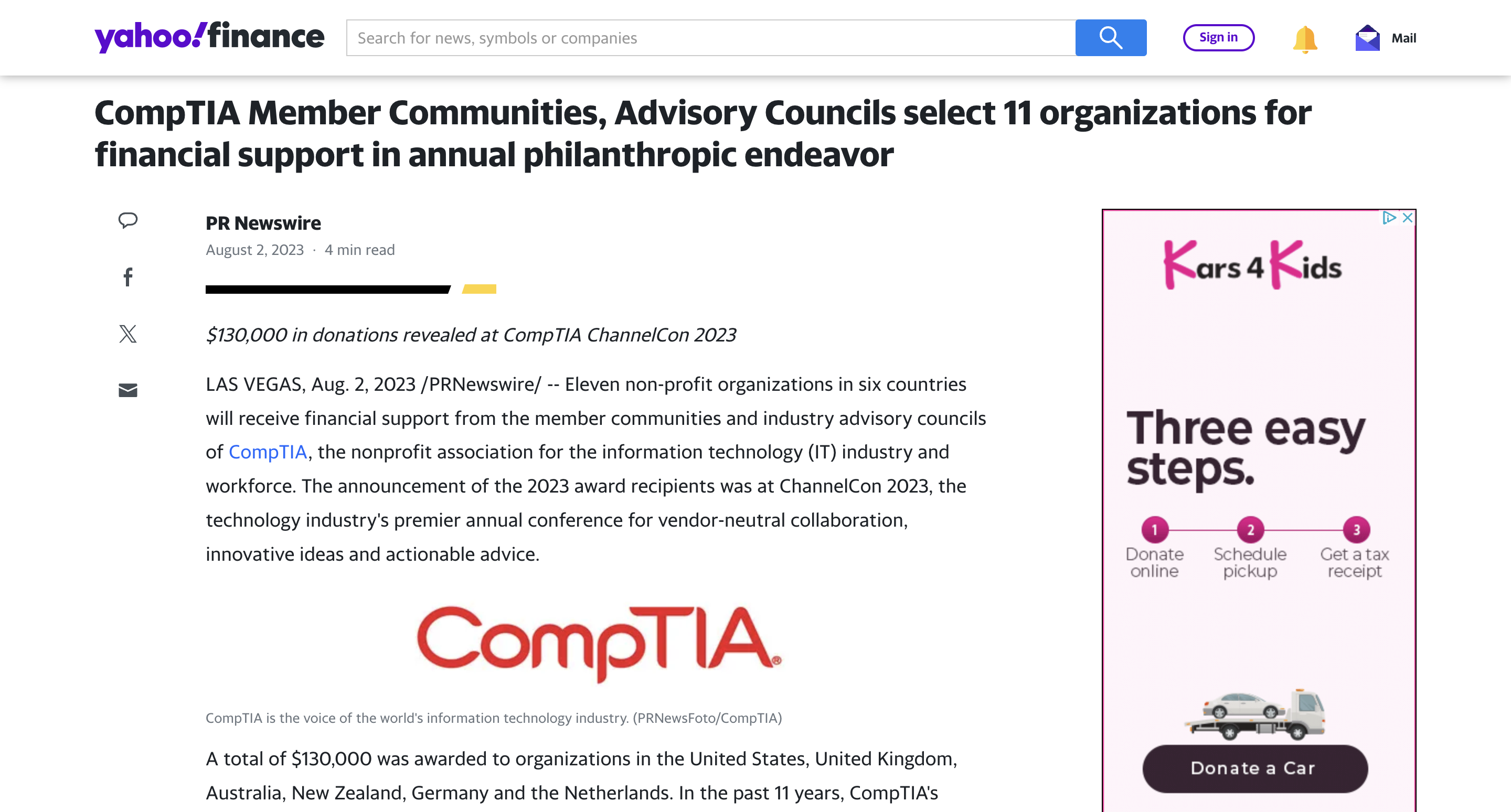 Article title announces CompTIA's financial support for 11 nonprofit organizations at ChannelCon 2023. Includes financial details, event information, and an ad for Kars 4 Kids beside the text.