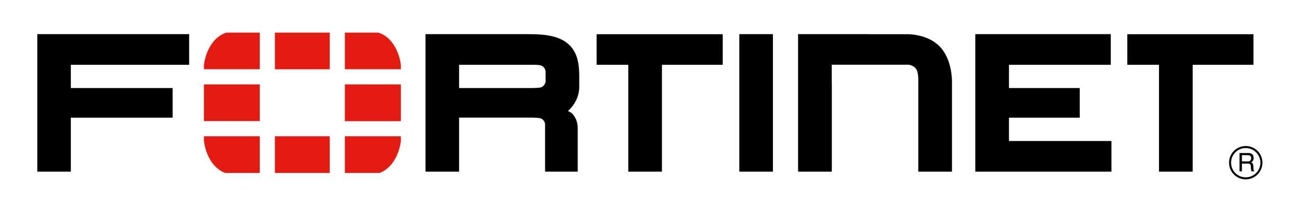 The word "FORTINET" is displayed in an all-caps sans-serif font. The "O" is represented by a red square with stylized segments, resembling a shield or grid pattern.