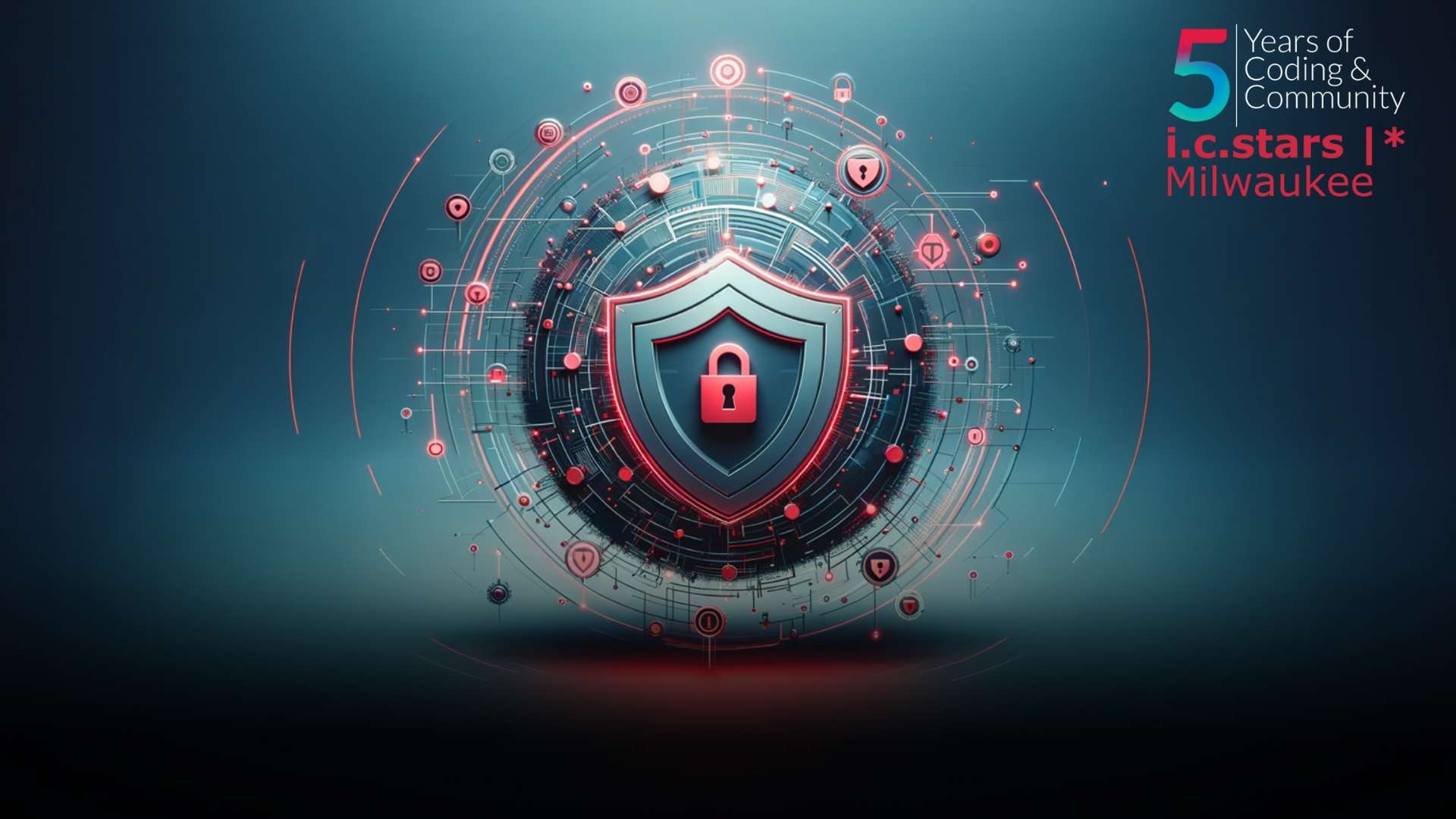 A futuristic shield icon with a padlock in the center is surrounded by a digital network on a dark teal background. Text reads, "5 Years of Coding & Community i.c.stars |* Milwaukee."