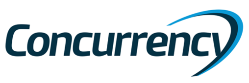 Text "Concurrency" in a bold, modern font, with a blue and black curved swoosh encircling the right side, suggesting movement or dynamism against a white background.