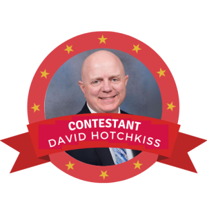 David Hotchkiss Circular badge features a smiling bald man in a suit as the contestant, with a red banner reading "CONTESTANT DAVID HOTCHKISS" and stars surrounding the image against a gray background.