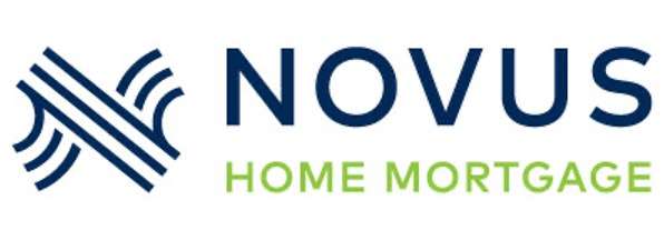 A navy blue abstract icon sits to the left of bold text reading "NOVUS" in navy blue and "HOME MORTGAGE" in green, against a white background.