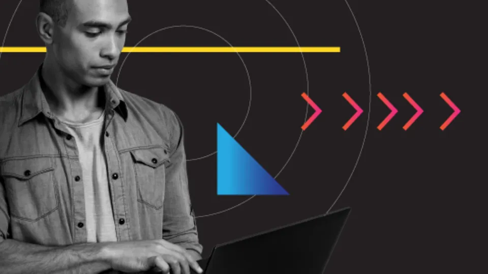 A person typing on a laptop, with geometric shapes (triangle, arrows, lines) and concentric circles on a dark background. The person is focused and dressed casually.